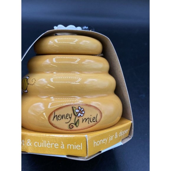 Mini Honey Pot Ceramic Jar & Wood Dipper Joie MSC Beehive with Bee 2002 BPA free - Picture 5 of 11